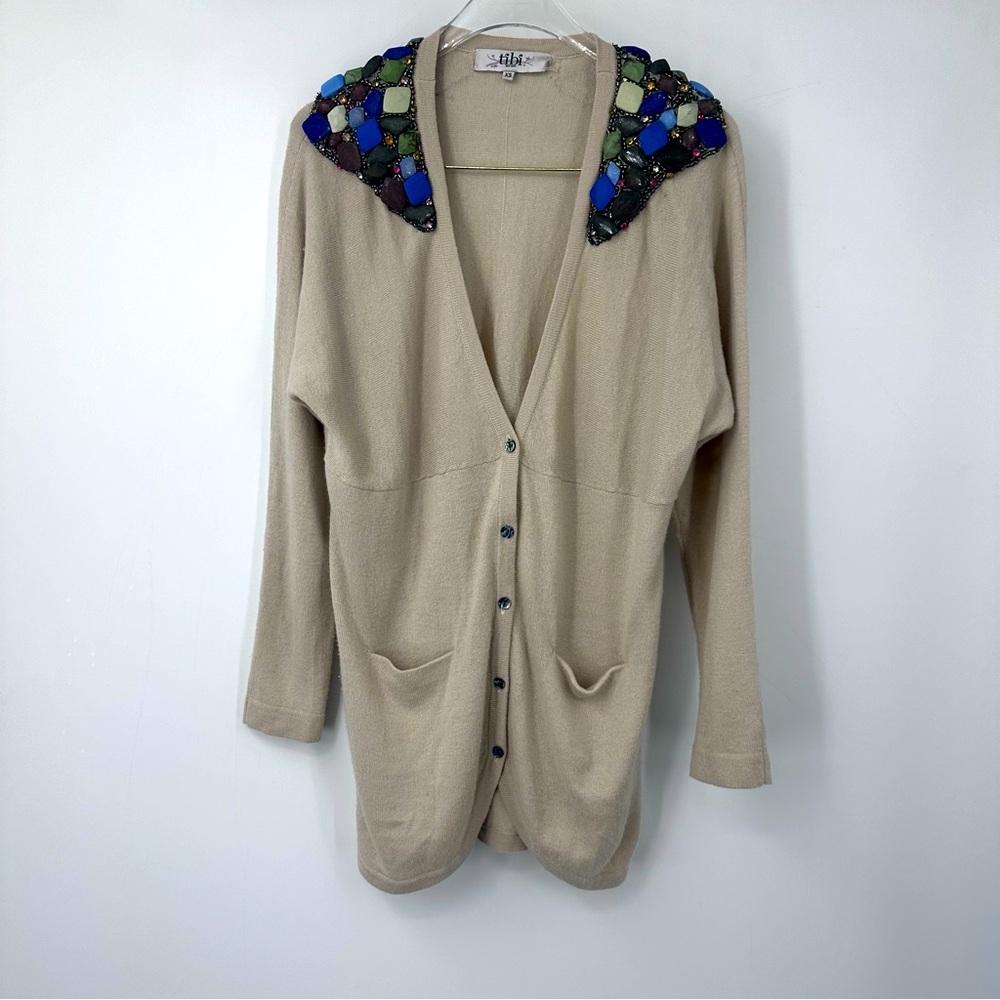 Tibi Cashmere Wool Cream Long Ling Cardigan Sweater Jeweled Shoulders XS | M107